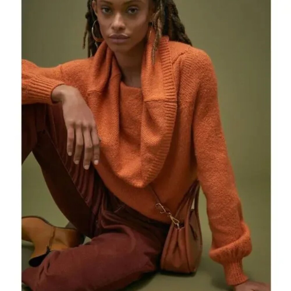 Anthropologie‎ orange cotton blend slouchy cowl neck off shoulder sweater small